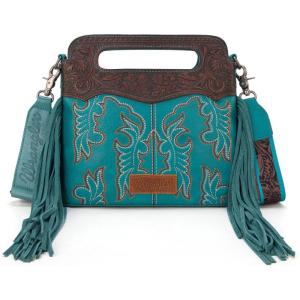Wrangler Crossbody Bags for Women Western Fringe Top Handle Handbags Embroidered Boot Scroll Crossbody Bag(A-medium-turquoise)
