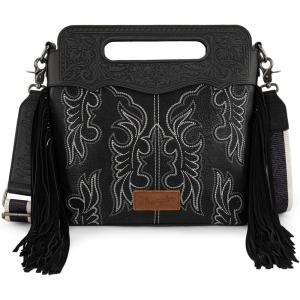 Wrangler Crossbody Bags for Women Western Fringe Top Handle Handbags Embroidered Boot Scroll Crossbody Bag(B-large-black)