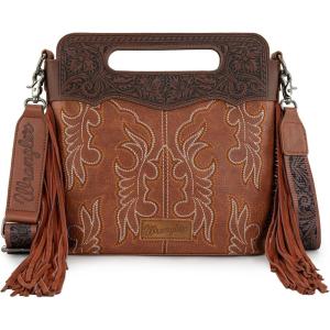 Wrangler Crossbody Bags for Women Western Fringe Top Handle Handbags Embroidered Boot Scroll Crossbody Bag(B-large-brown)