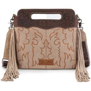 Wrangler Crossbody Bags for Women Western Fringe Top Handle Handbags Embroidered Boot Scroll Crossbody Bag(B-large-tan)