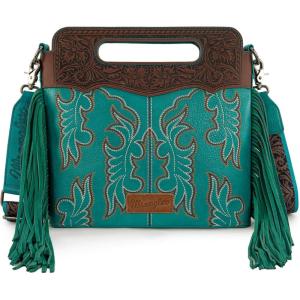 Wrangler Crossbody Bags for Women Western Fringe Top Handle Handbags Embroidered Boot Scroll Crossbody Bag(B-large-turquoise)