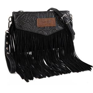 Wrangler Crossbody Small Purse for Women Wristlet Fringe Bag Western Purse(Angel Black)