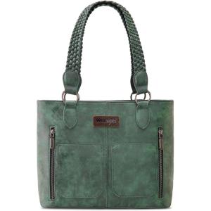 Wrangler Distressed Tote Bag for Women Western Purse Multi Pockets Handbags and Shoulder Bag(Braided-olive Green)