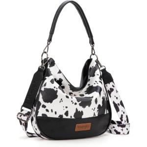 Wrangler Hobo Bags Large Crossbody Bag for Women Shoulder Purse Handbags with Adjustable Strap(Cow Print – Black)