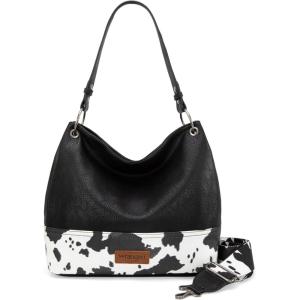 Wrangler Hobo Bags for Women Vegan Leather Top Handle Shoulder Purses and Handbags(Cow Print Black)