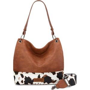 Wrangler Hobo Bags for Women Vegan Leather Top Handle Shoulder Purses and Handbags(Cow Print Brown)