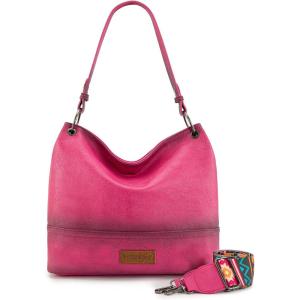 Wrangler Hobo Bags for Women Vegan Leather Top Handle Shoulder Purses and Handbags(With Strap Distressed-hot Pink)