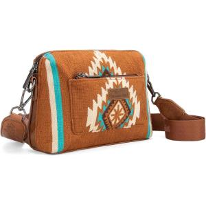 Wrangler Western Aztec Small Crossbody Bags for Women Multi Pocket Over Shoulder Crossbody Purse with Guitar Strap(Brown)