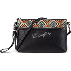 Wrangler Western Cowhide Crossbody Bags for Women Clutch Wristlet Purse(Embroidered-black)