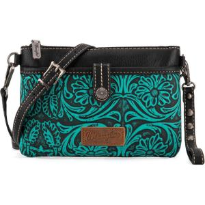 Wrangler Western Cowhide Crossbody Bags for Women Clutch Wristlet Purse(Tooling-black)