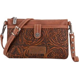 Wrangler Western Cowhide Crossbody Bags for Women Clutch Wristlet Purse(Tooling-brown)