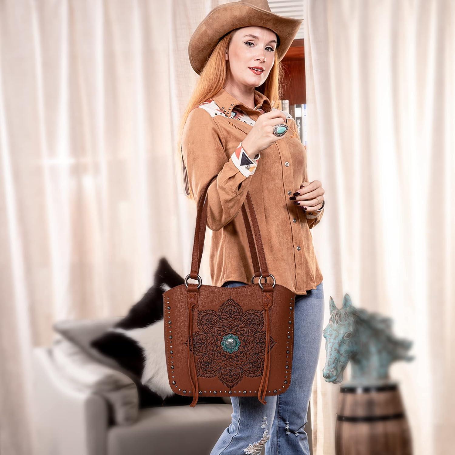 imageMontana West Western Tooling Tote Bag with Wallet Set for Women Vintage Studded Top Handle Shoulder Handbag