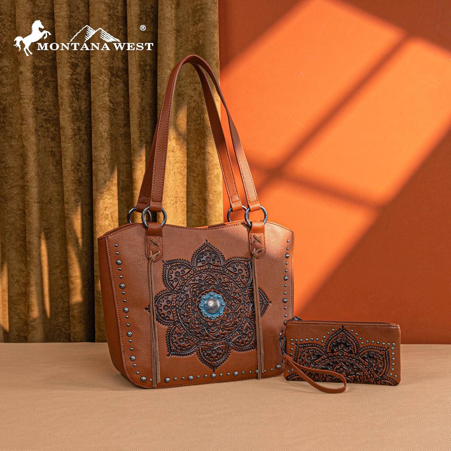 imageMontana West Western Tooling Tote Bag with Wallet Set for Women Vintage Studded Top Handle Shoulder Handbag