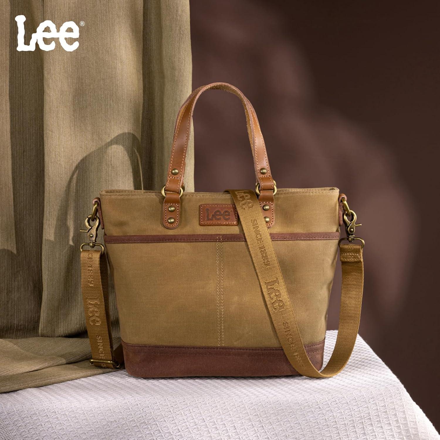 imageMontana West x Lee Waxed Canvas Tote Bag for Women Work Small Vintage Shoulder Bag and Handbag with Leather HandleKhaki