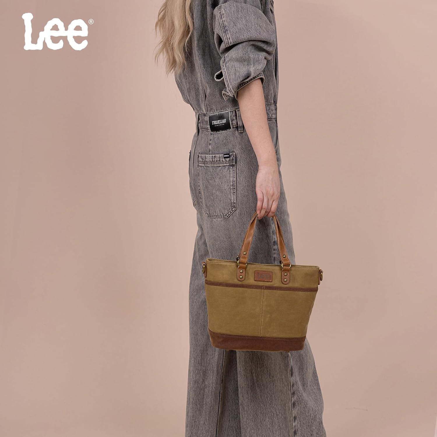 imageMontana West x Lee Waxed Canvas Tote Bag for Women Work Small Vintage Shoulder Bag and Handbag with Leather HandleKhaki