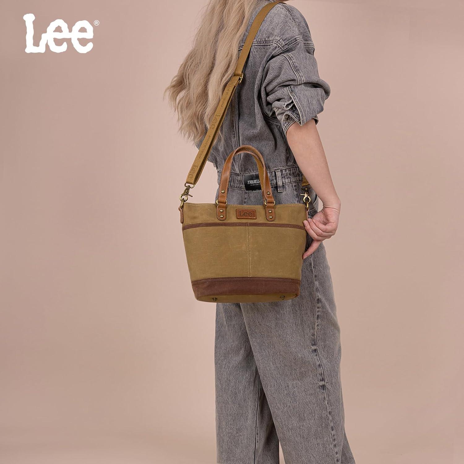 imageMontana West x Lee Waxed Canvas Tote Bag for Women Work Small Vintage Shoulder Bag and Handbag with Leather HandleKhaki