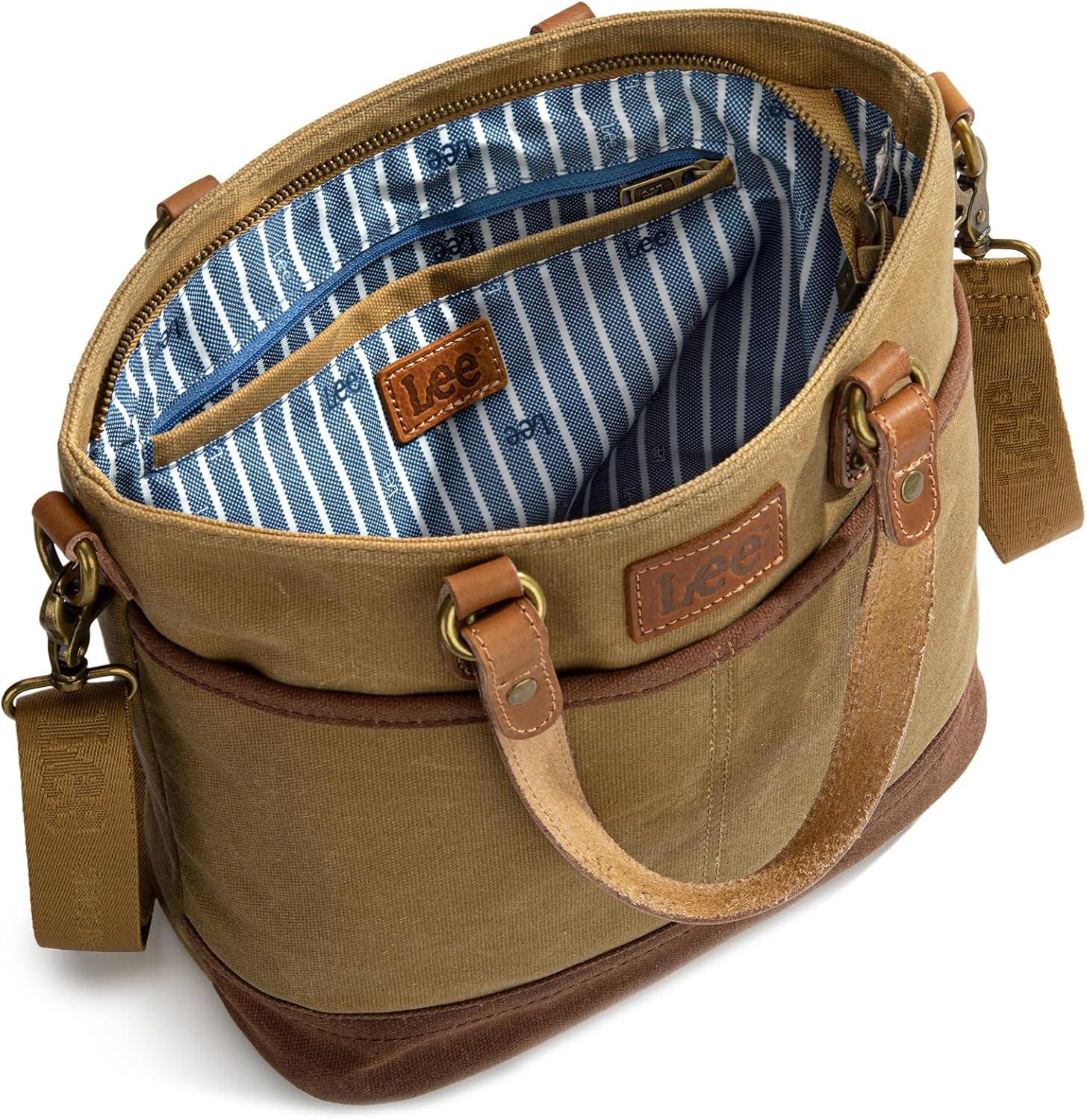 imageMontana West x Lee Waxed Canvas Tote Bag for Women Work Small Vintage Shoulder Bag and Handbag with Leather HandleKhaki