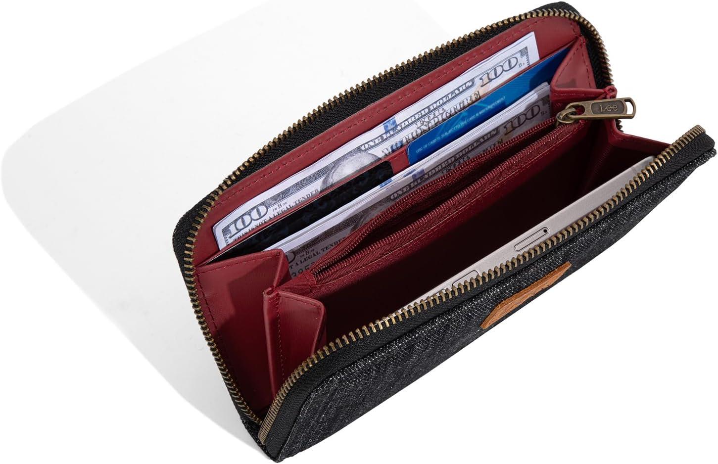 imageX Lee Black Wallet Women Female Ladies Girls Card Cases and Money Oganizer Large Long Cell Phone Wallet with Qualited Zipper Lightweight Minimalist and Versaltile