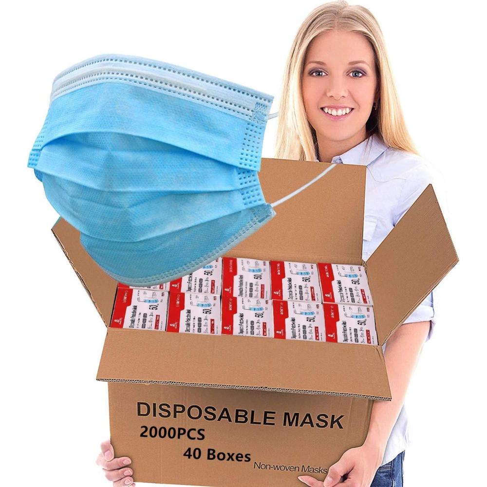 image2000 PCS Bulk Blue Face Masks 40 Packs 50pcsPack Non Woven Thick 3Layers Breathable Facial Masks with Adjustable Earloop Mouth and Nose Cover