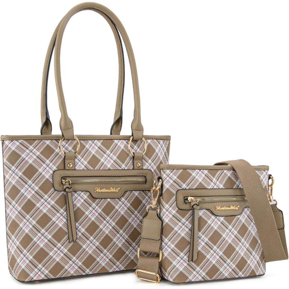 imageMontana West 2Pcs Handbags Sets for Women Large Tote Bags Cute Crossbody PursesZkhaki
