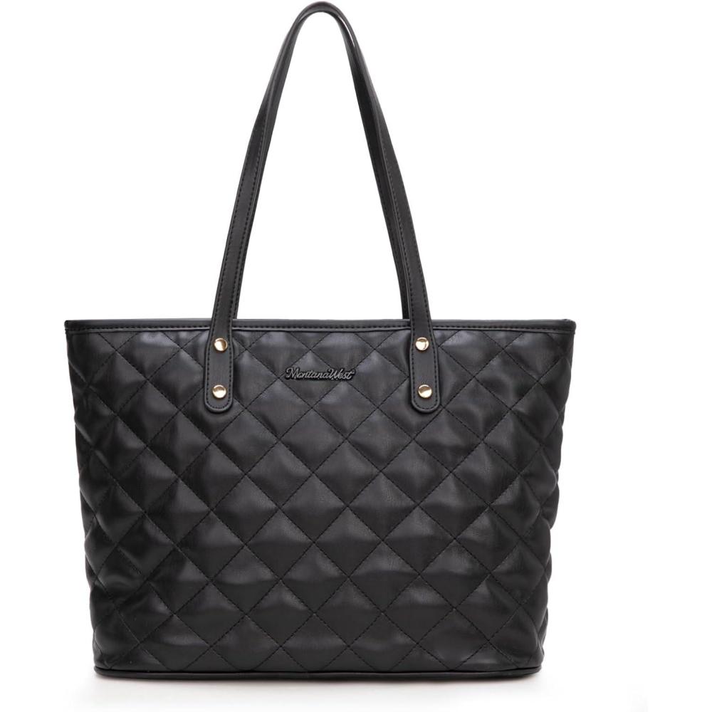 imageMontana West Quilted Tote Bag for Women Large Shoulder Bag Fashion Handbags with Top ZipperAngel Quilted Black