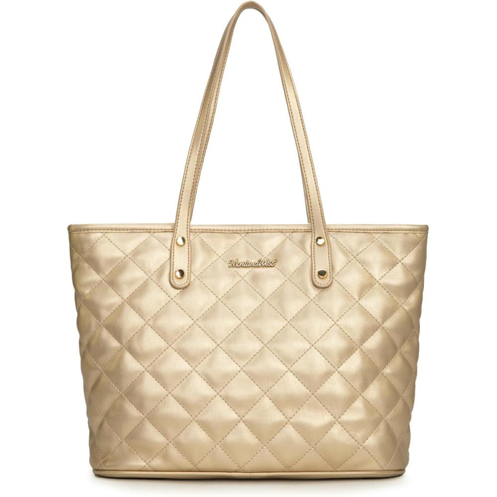 imageMontana West Quilted Tote Bag for Women Large Shoulder Bag Fashion Handbags with Top ZipperAngel Quilted Gold