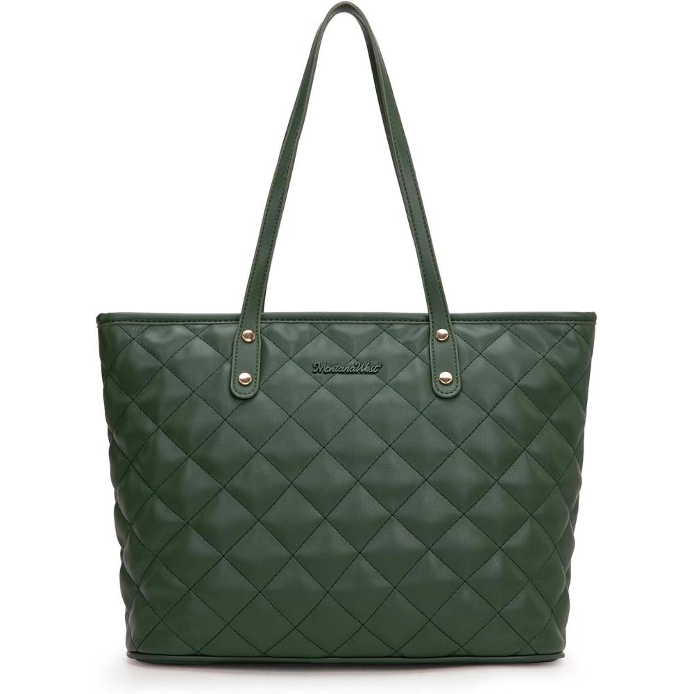 imageMontana West Quilted Tote Bag for Women Large Shoulder Bag Fashion Handbags with Top ZipperQuilted Army Green