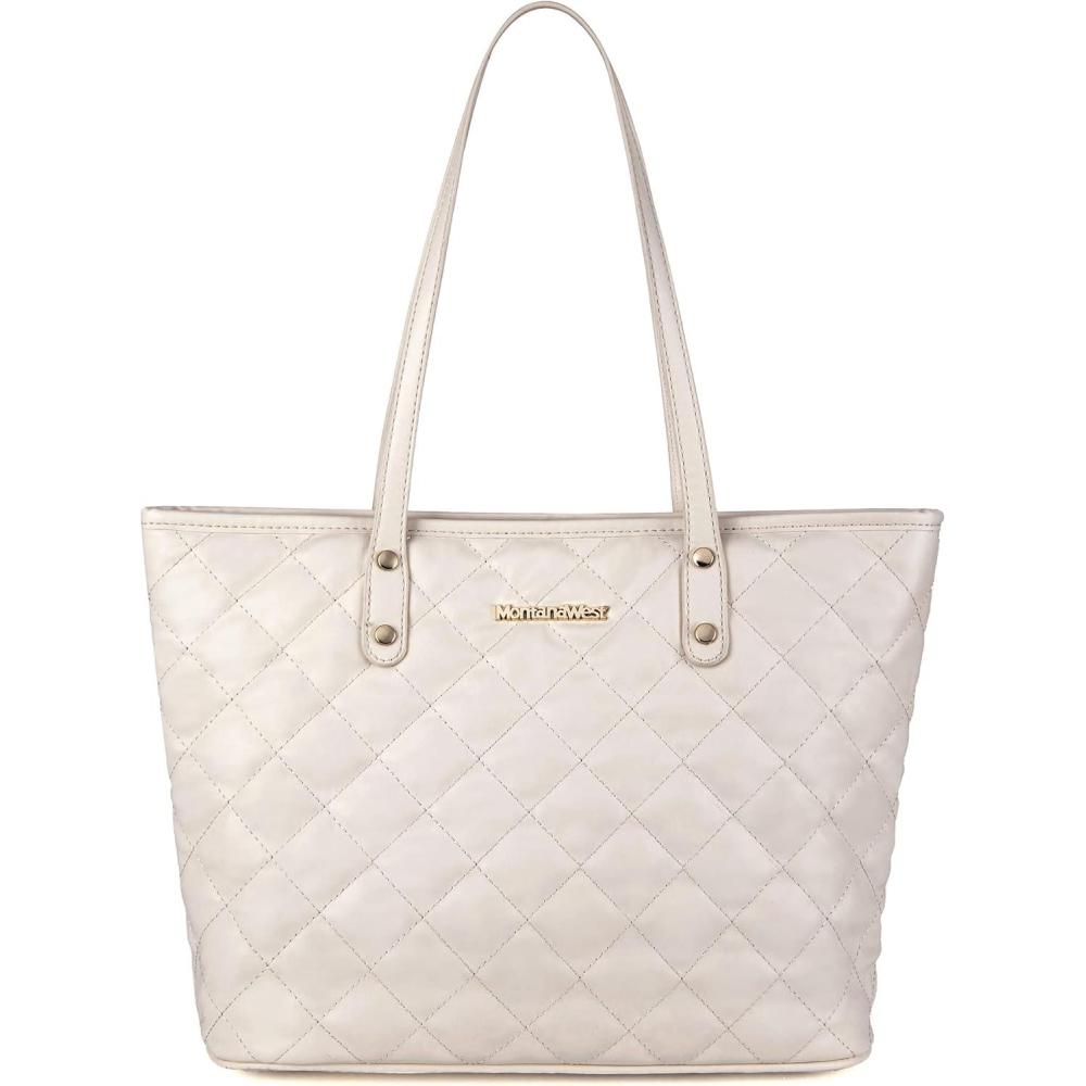 imageMontana West Quilted Tote Bag for Women Large Shoulder Bag Fashion Handbags with Top ZipperQuilted Beige
