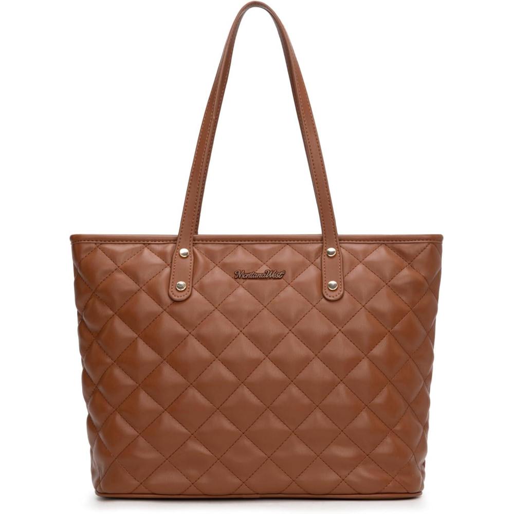 imageMontana West Quilted Tote Bag for Women Large Shoulder Bag Fashion Handbags with Top ZipperQuilted Brown