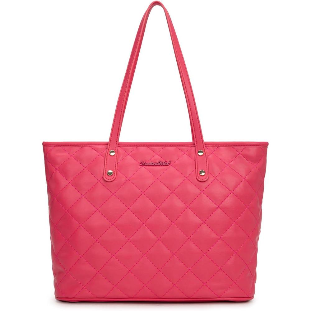 imageMontana West Quilted Tote Bag for Women Large Shoulder Bag Fashion Handbags with Top ZipperQuilted Dark Pink
