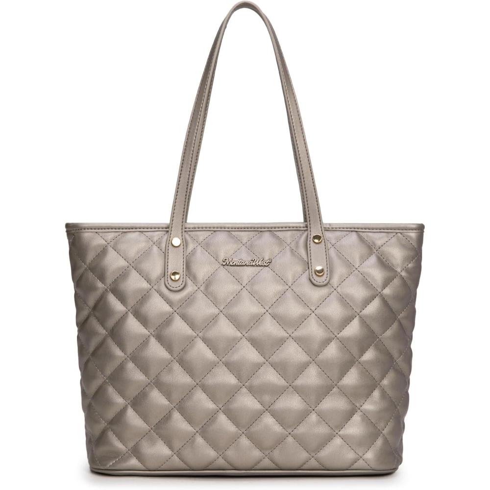 imageMontana West Quilted Tote Bag for Women Large Shoulder Bag Fashion Handbags with Top ZipperQuilted Platinum