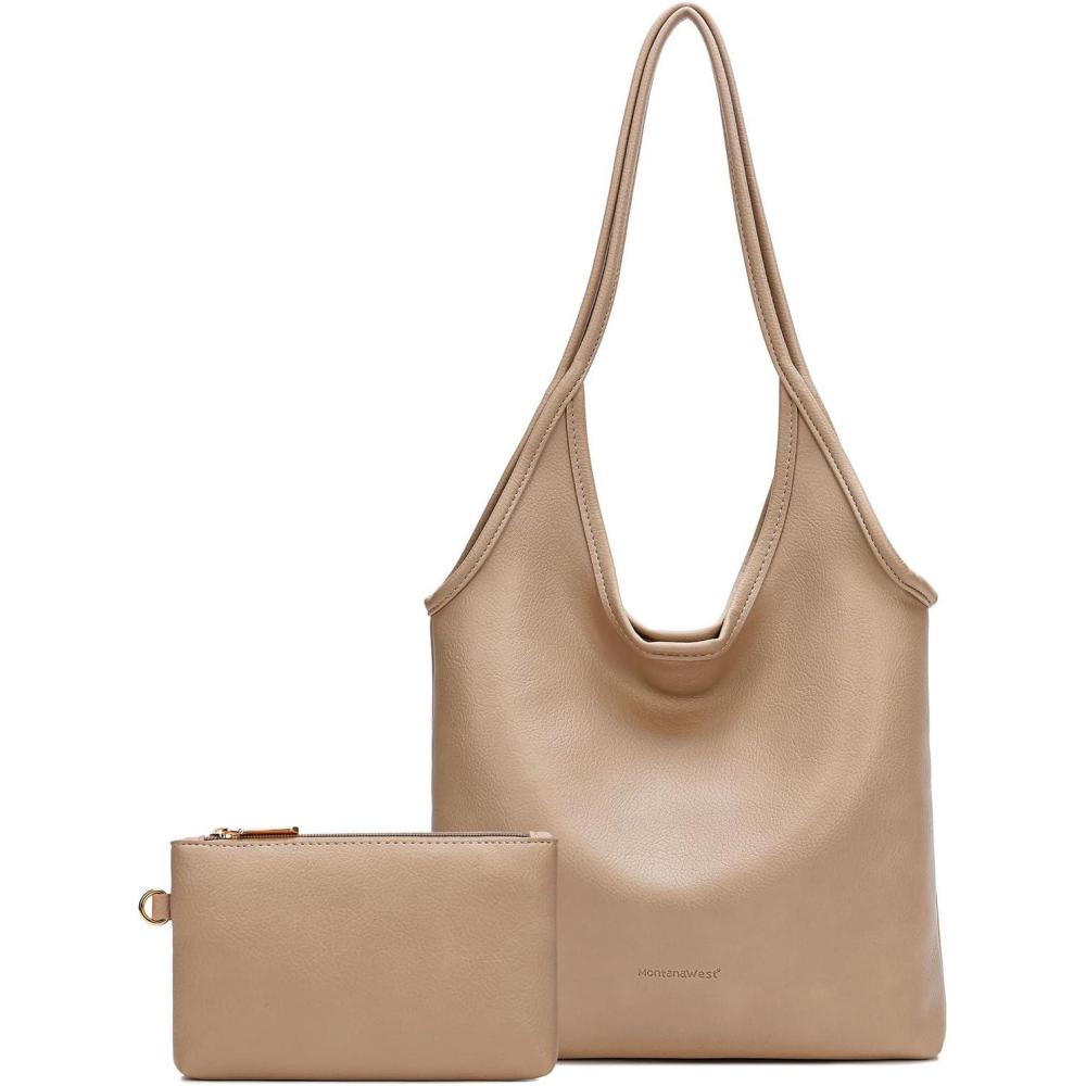 imageMontana West Slouchy Hobo Bags for Women Soft Designer Shoulder Purses Ladies Top Handle HandbagA Tan