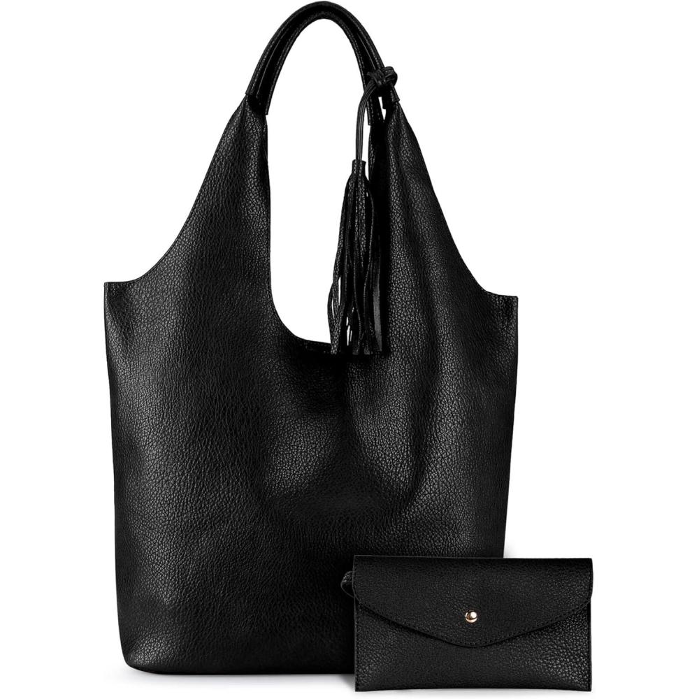 imageMontana West Slouchy Hobo Bags for Women Soft Designer Shoulder Purses Ladies Top Handle HandbagObsidian Black