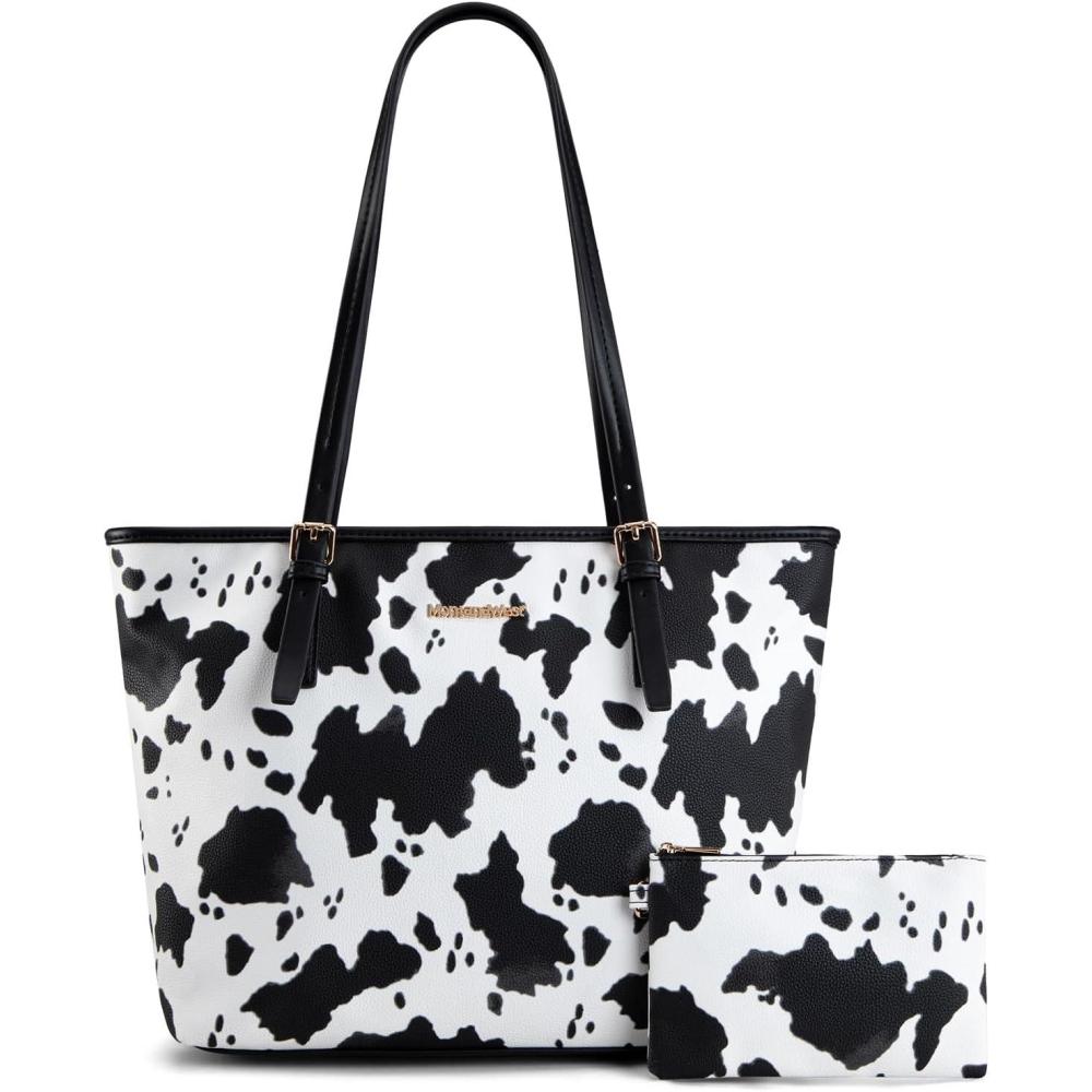 imageMontana West Tote Bags Vegan Leather Purses and Handbags for Women Top Handle Ladies Shoulder BagsCow Print Black