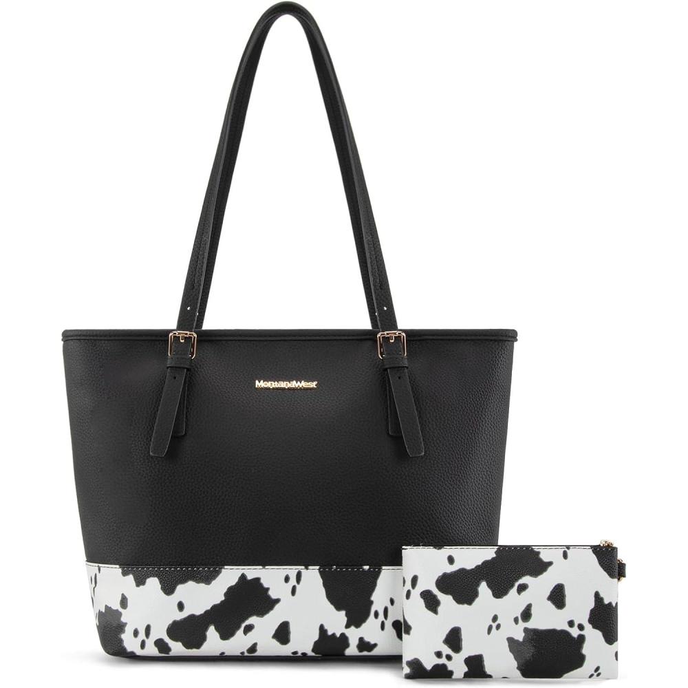 imageMontana West Tote Bags Vegan Leather Purses and Handbags for Women Top Handle Ladies Shoulder BagsCow Print H Black