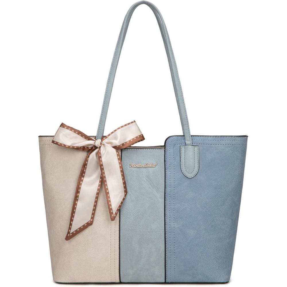 imageMontana West Tote Bags for Women Medium Top Handle Satchel PursesBeige With Blue