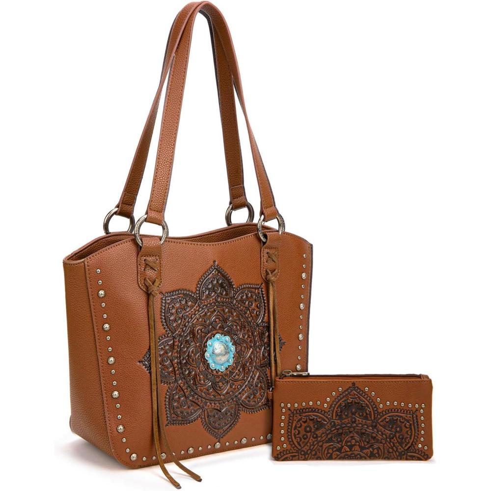 imageMontana West Western Tooling Tote Bag with Wallet Set for Women Vintage Studded Top Handle Shoulder Handbag