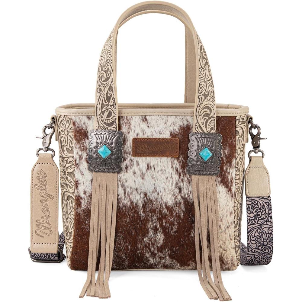 imageMontana West Wrangler Cowhide Tote Bag for Women Western Tooling Handbag Leather Fringing with Turquoise Stone ConchoCowhide Beige