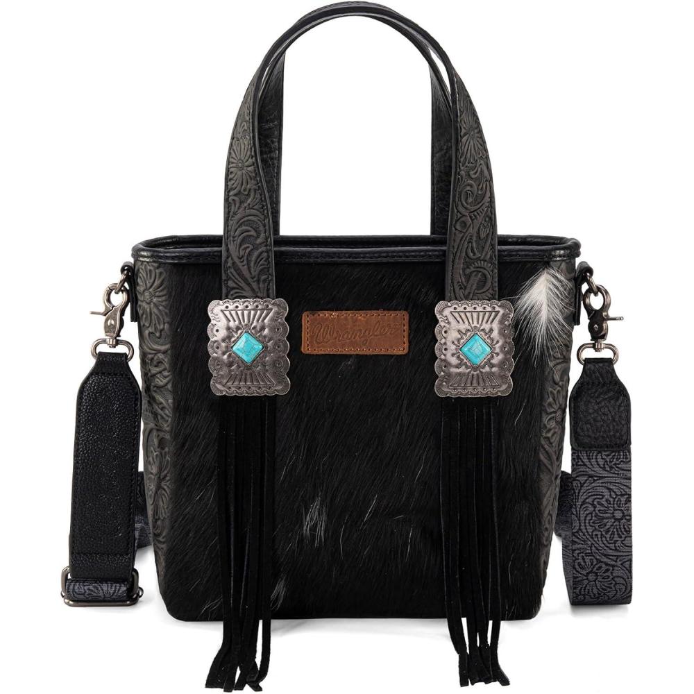 imageMontana West Wrangler Cowhide Tote Bag for Women Western Tooling Handbag Leather Fringing with Turquoise Stone ConchoCowhide Black