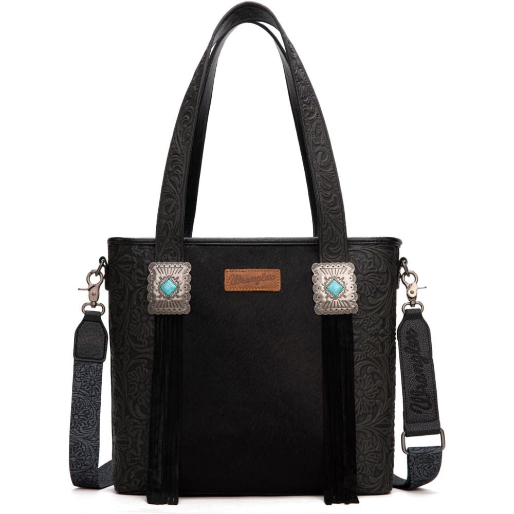 imageMontana West Wrangler Cowhide Tote Bag for Women Western Tooling Handbag Leather Fringing with Turquoise Stone ConchoHorse Hair Black