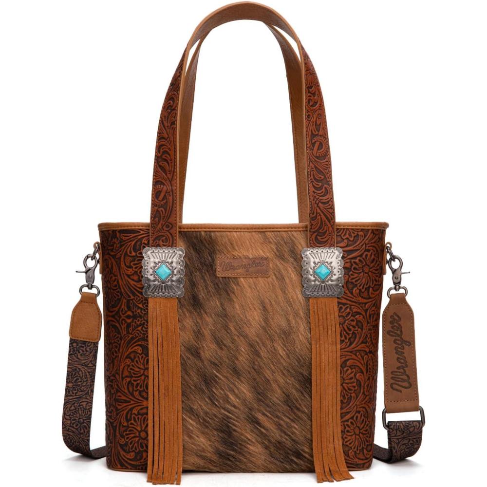 imageMontana West Wrangler Cowhide Tote Bag for Women Western Tooling Handbag Leather Fringing with Turquoise Stone ConchoHorse Hair Brown
