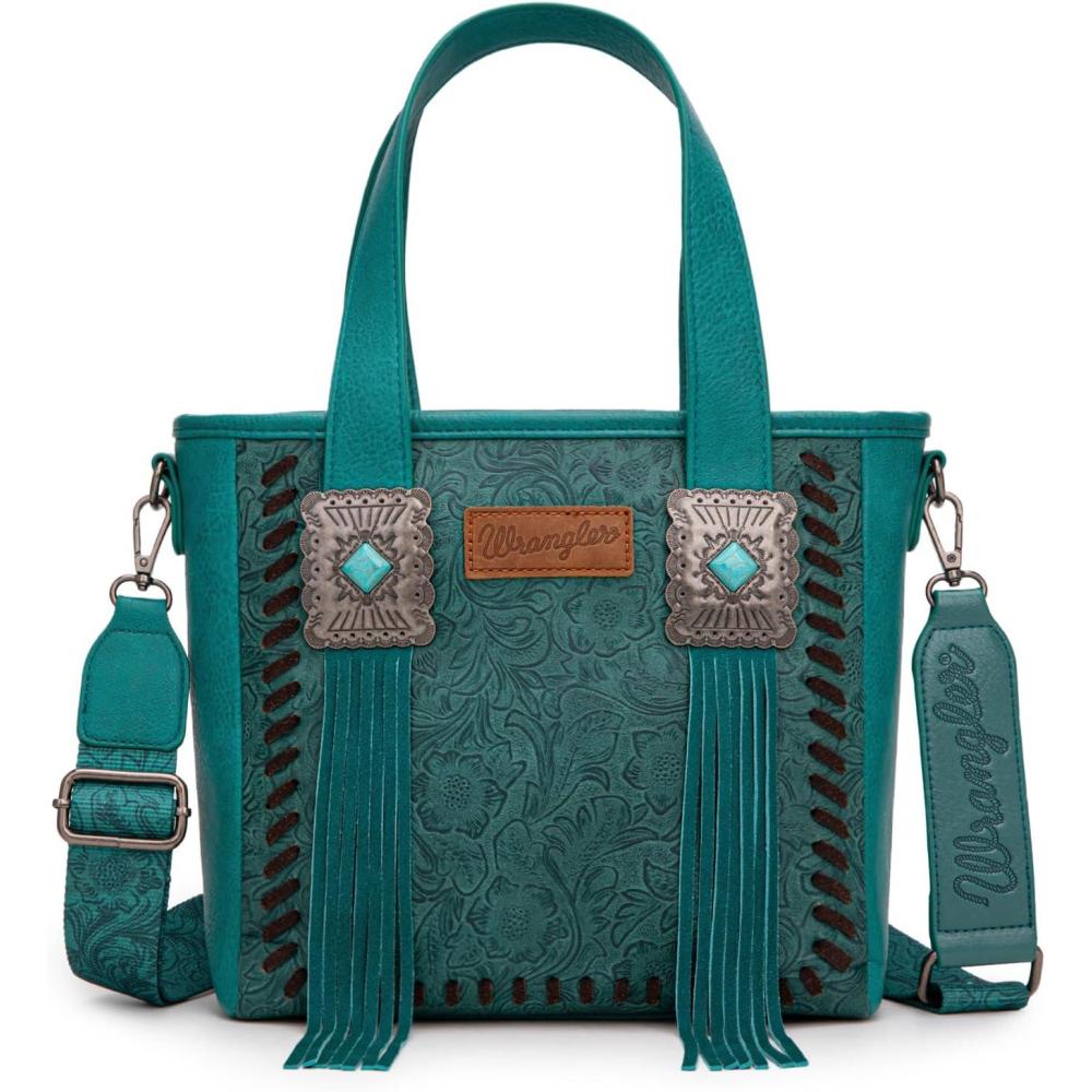 imageMontana West Wrangler Cowhide Tote Bag for Women Western Tooling Handbag Leather Fringing with Turquoise Stone ConchoTooled Turquoise