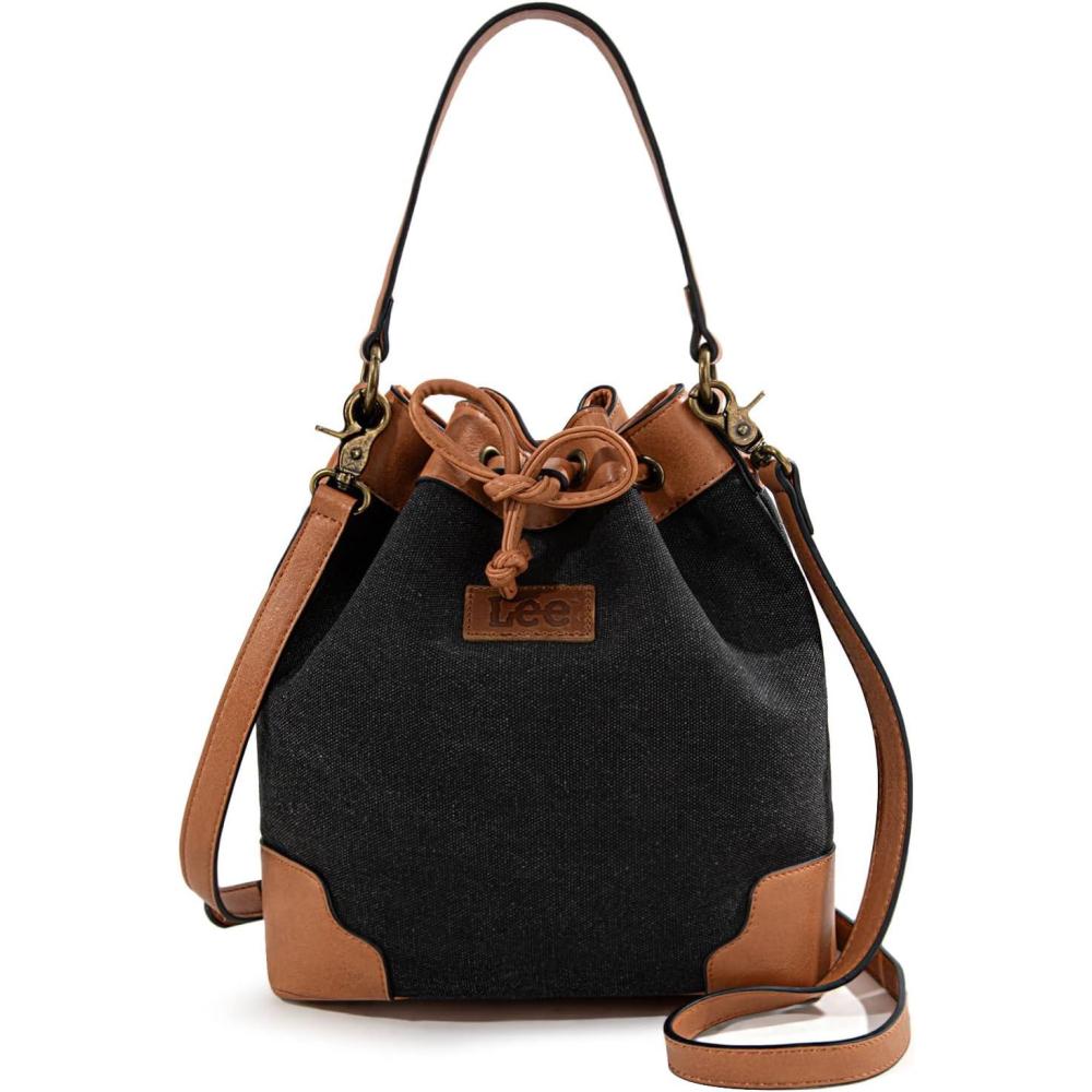 imageMontana West X Lee Bucket Bag for Women Drawstring Hobo Crossbody Bag with Detachable Straps2black