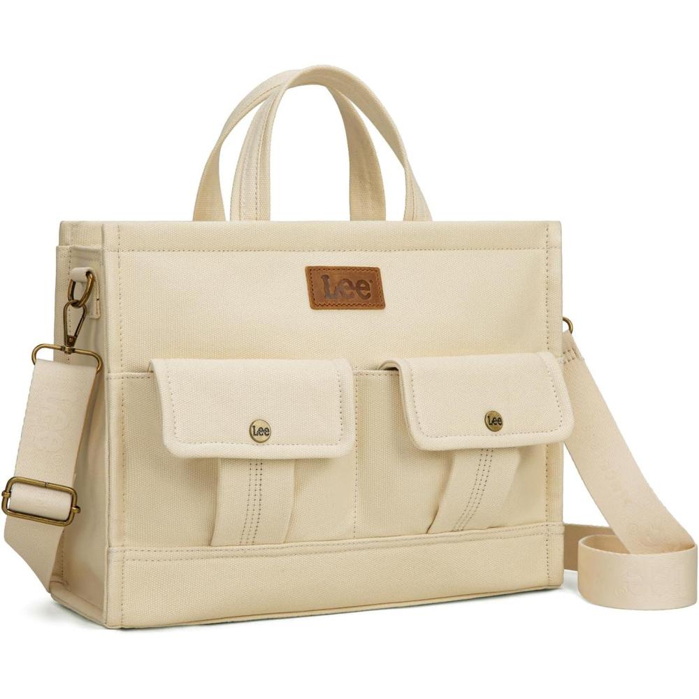 imageMontana West x Lee Large Work Tote Bag for Women Crossbody Canvas Messenger Bag for Everyday Shoulder Bag with PocketsLargebeige