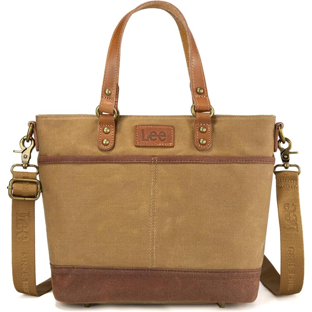 imageMontana West x Lee Waxed Canvas Tote Bag for Women Work Small Vintage Shoulder Bag and Handbag with Leather HandleKhaki