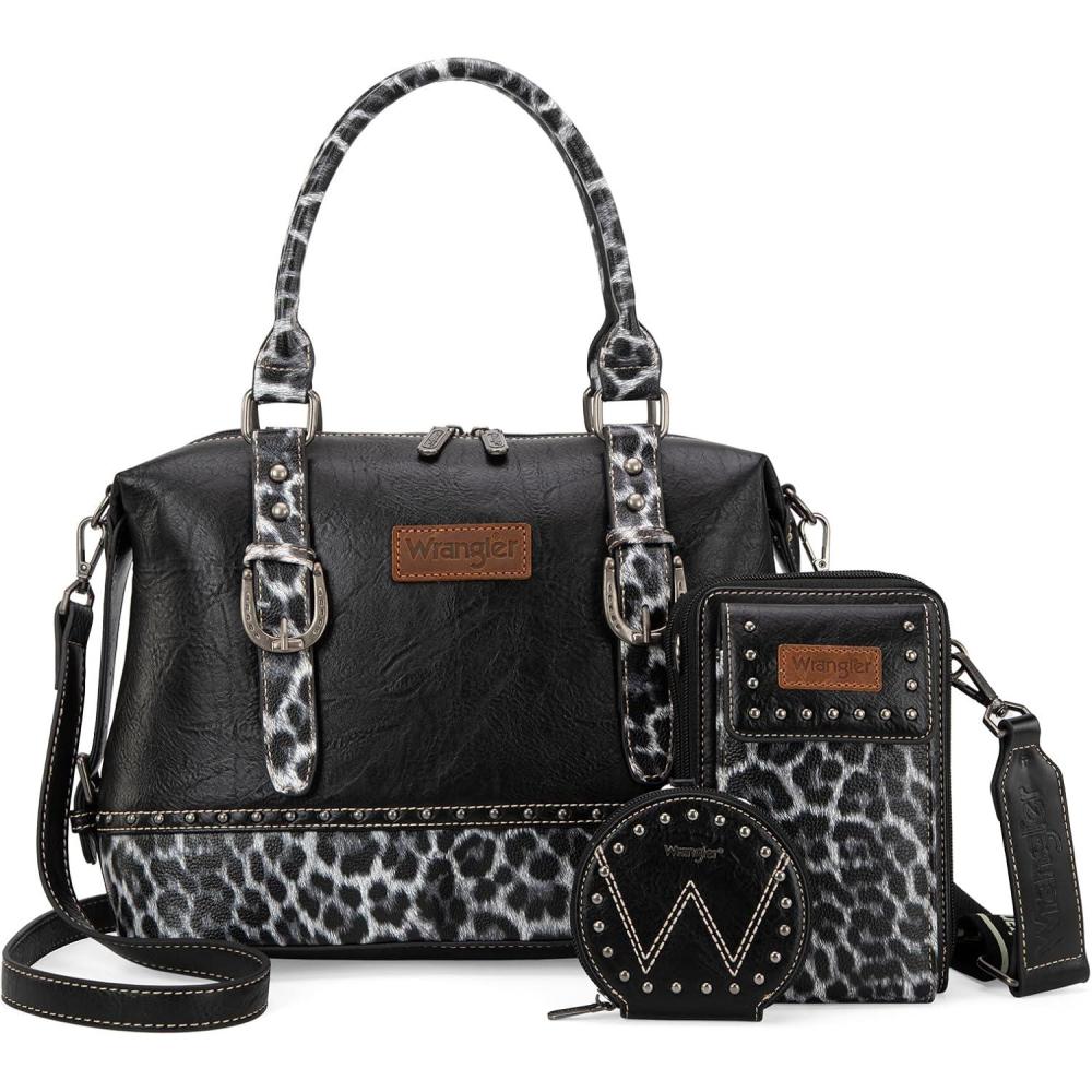 imageWrangler 3Pcs Doctor Bag Sets for Women Tophandle Satchel Bag with Cell Phone Handbag and Coin PurseBlack Leopard