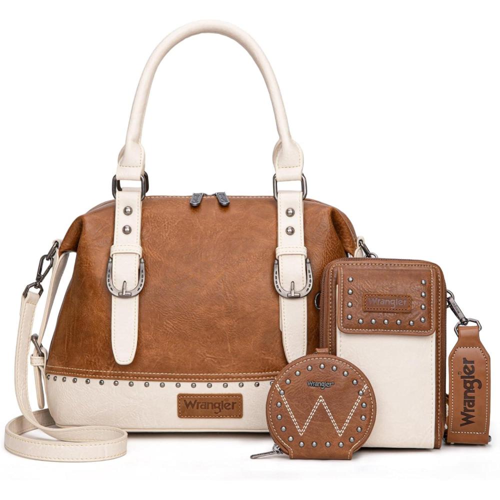 imageWrangler 3Pcs Doctor Bag Sets for Women Tophandle Satchel Bag with Cell Phone Handbag and Coin PurseBrown