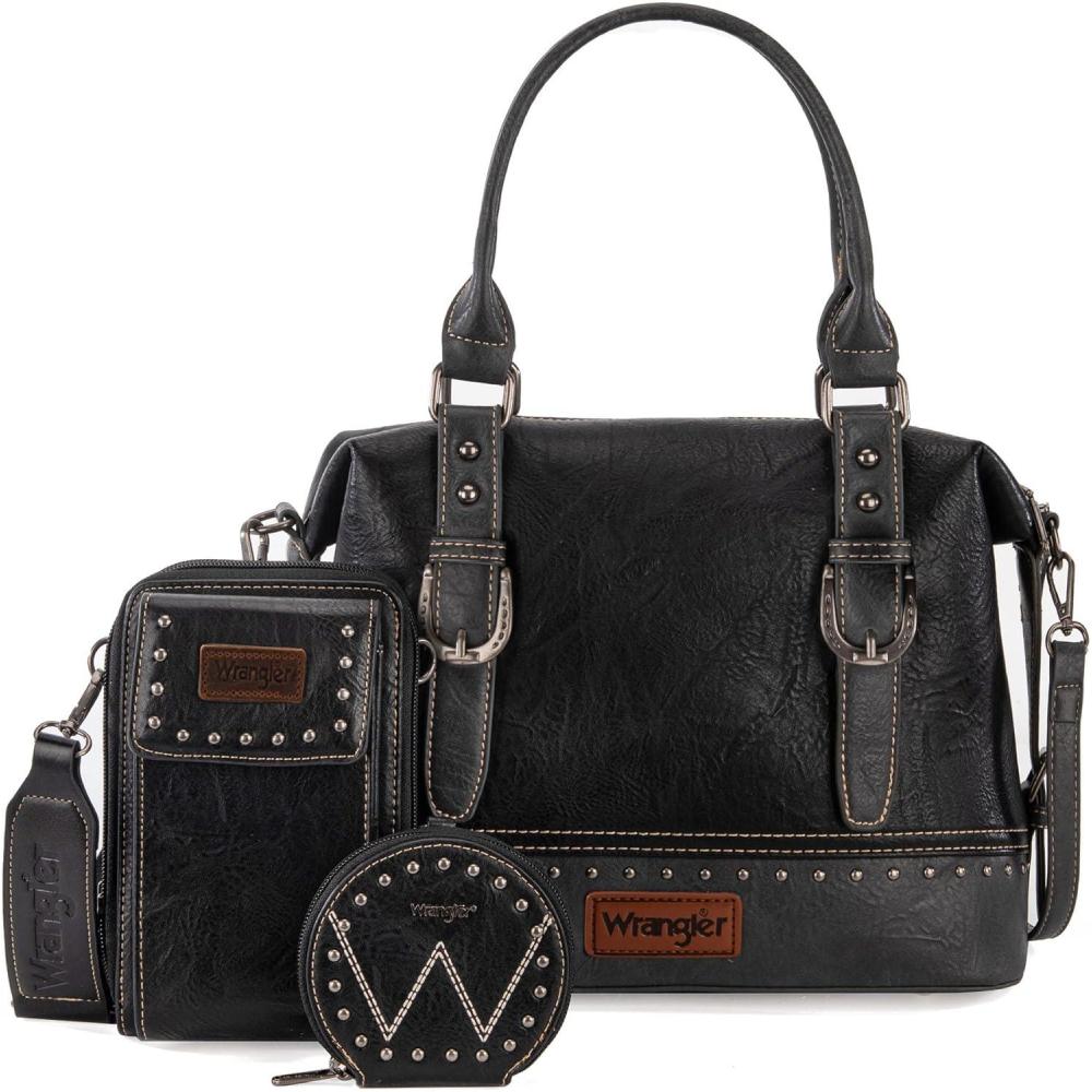 imageWrangler 3Pcs Doctor Bag Sets for Women Tophandle Satchel Bag with Cell Phone Handbag and Coin PurseEyecatching Black