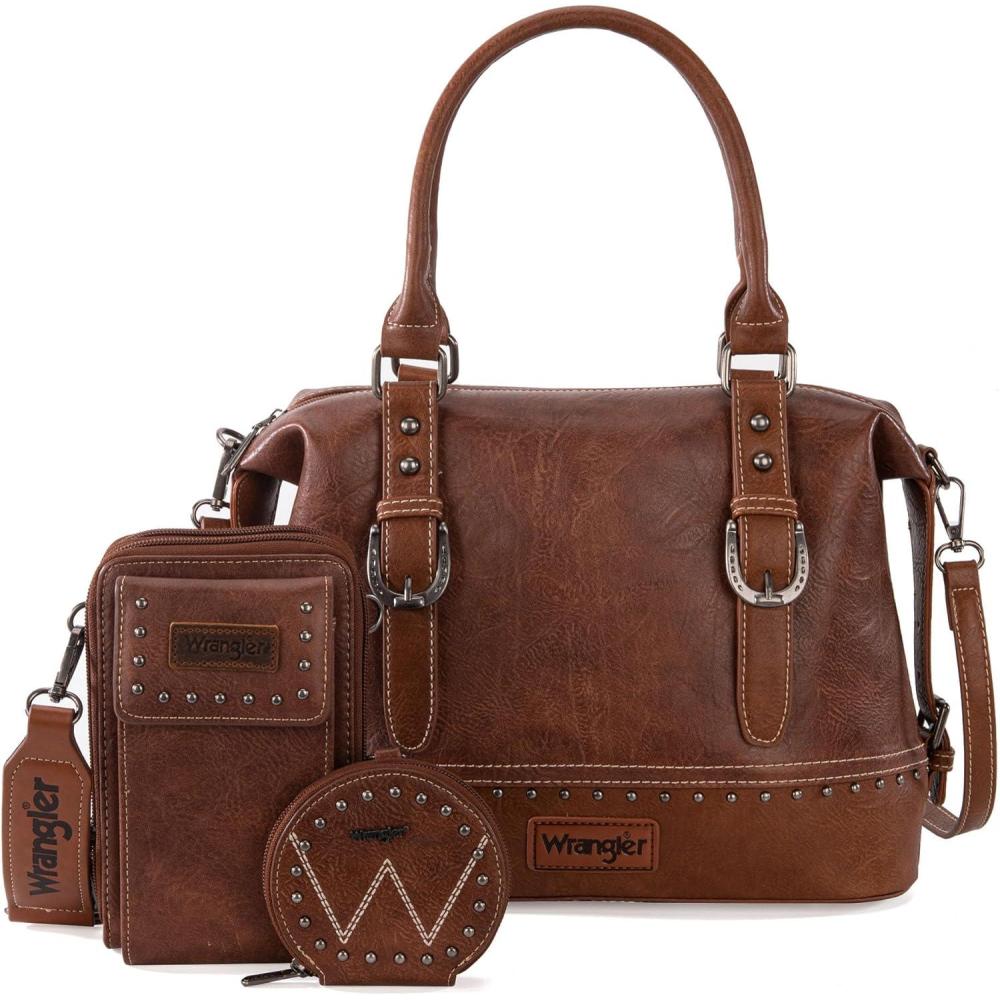 imageWrangler 3Pcs Doctor Bag Sets for Women Tophandle Satchel Bag with Cell Phone Handbag and Coin PurseEyecatching Brown