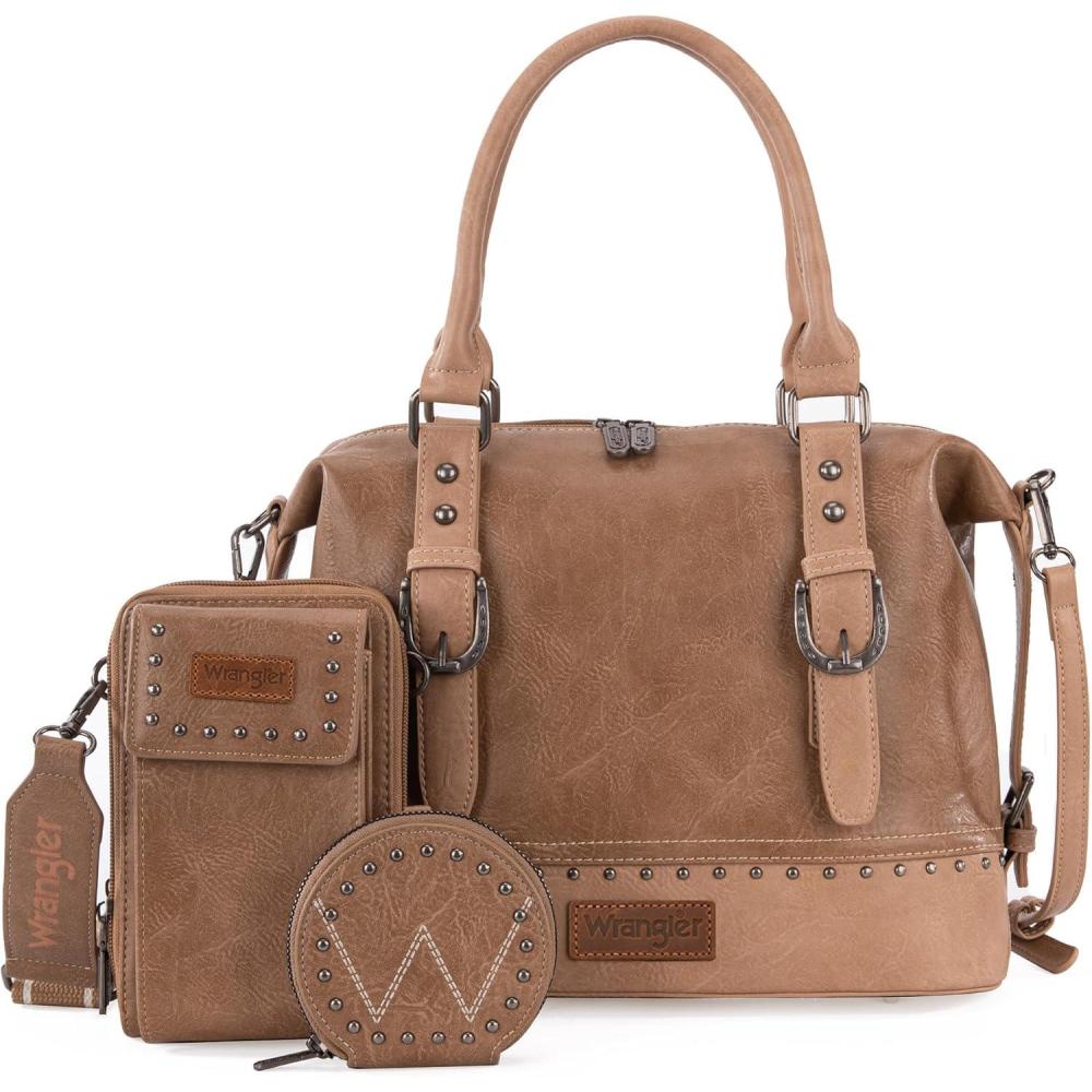 imageWrangler 3Pcs Doctor Bag Sets for Women Tophandle Satchel Bag with Cell Phone Handbag and Coin PurseEyecatching Khaki